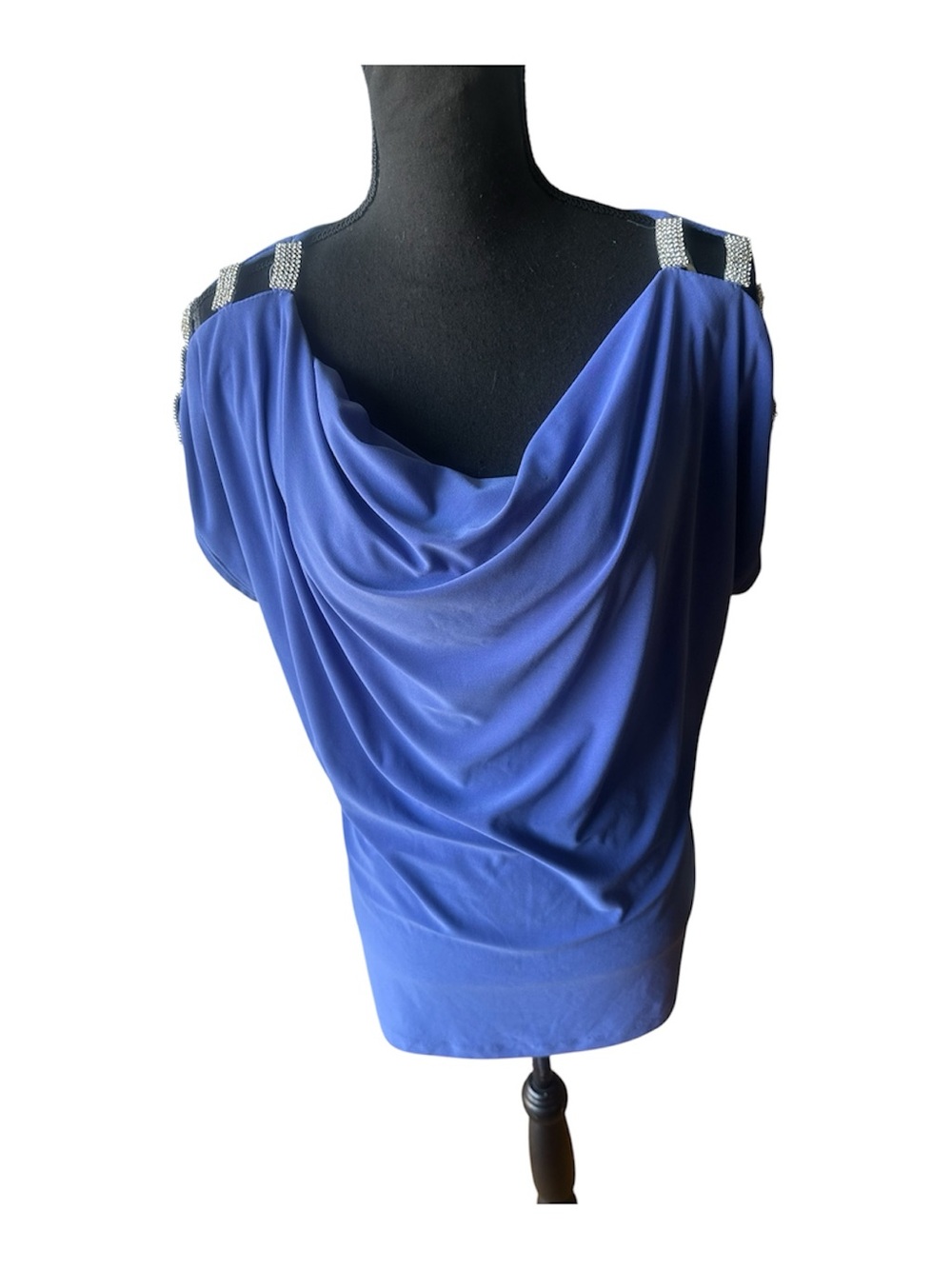 MSK Blue Cowl Neck Blouse Beaded Straps Draped Top Elegant Plus Size 1X Chic